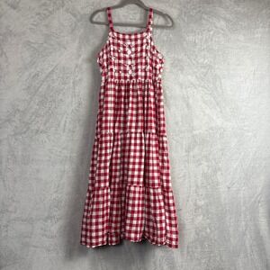 Rosemary & Paisley Red Gingham Floral Embroidered Tiered Midi Dress Womens M